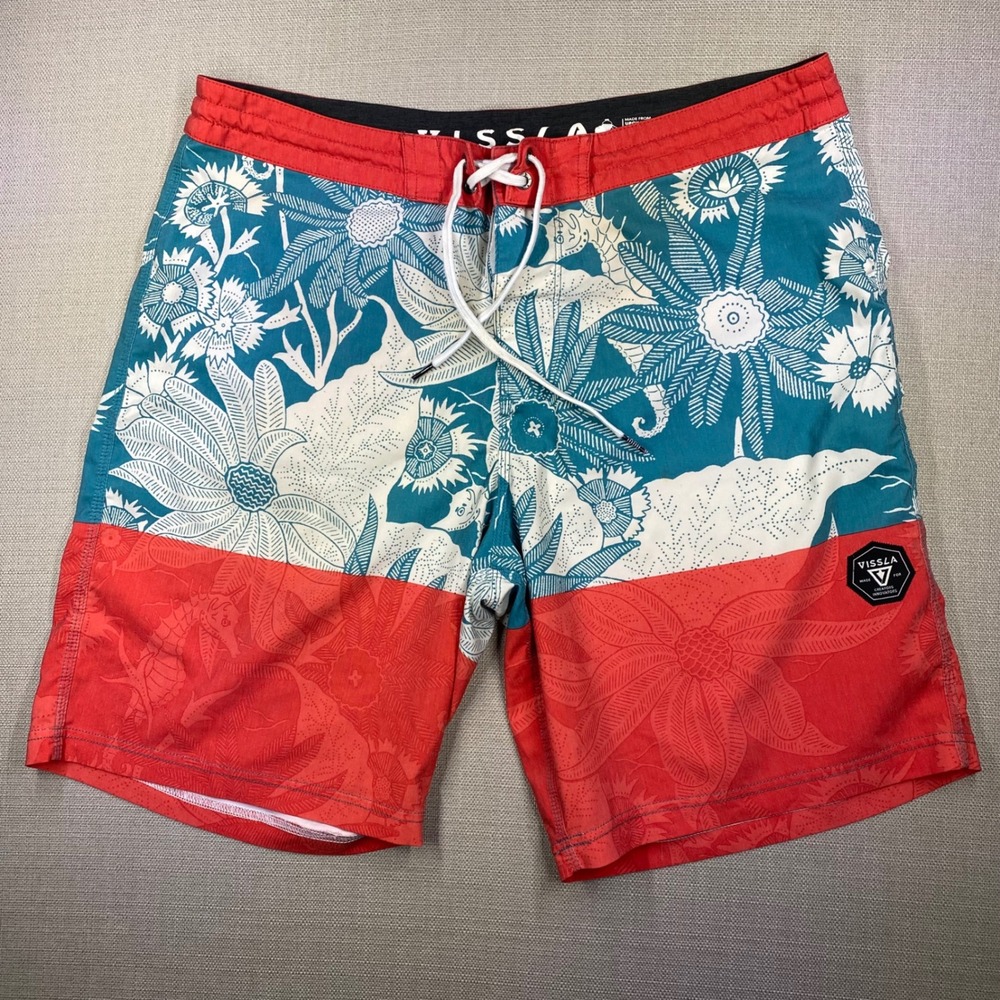 Vissla Mens Boardshorts Teal Red Floral Seahorse Print Swim Trunks Size 36